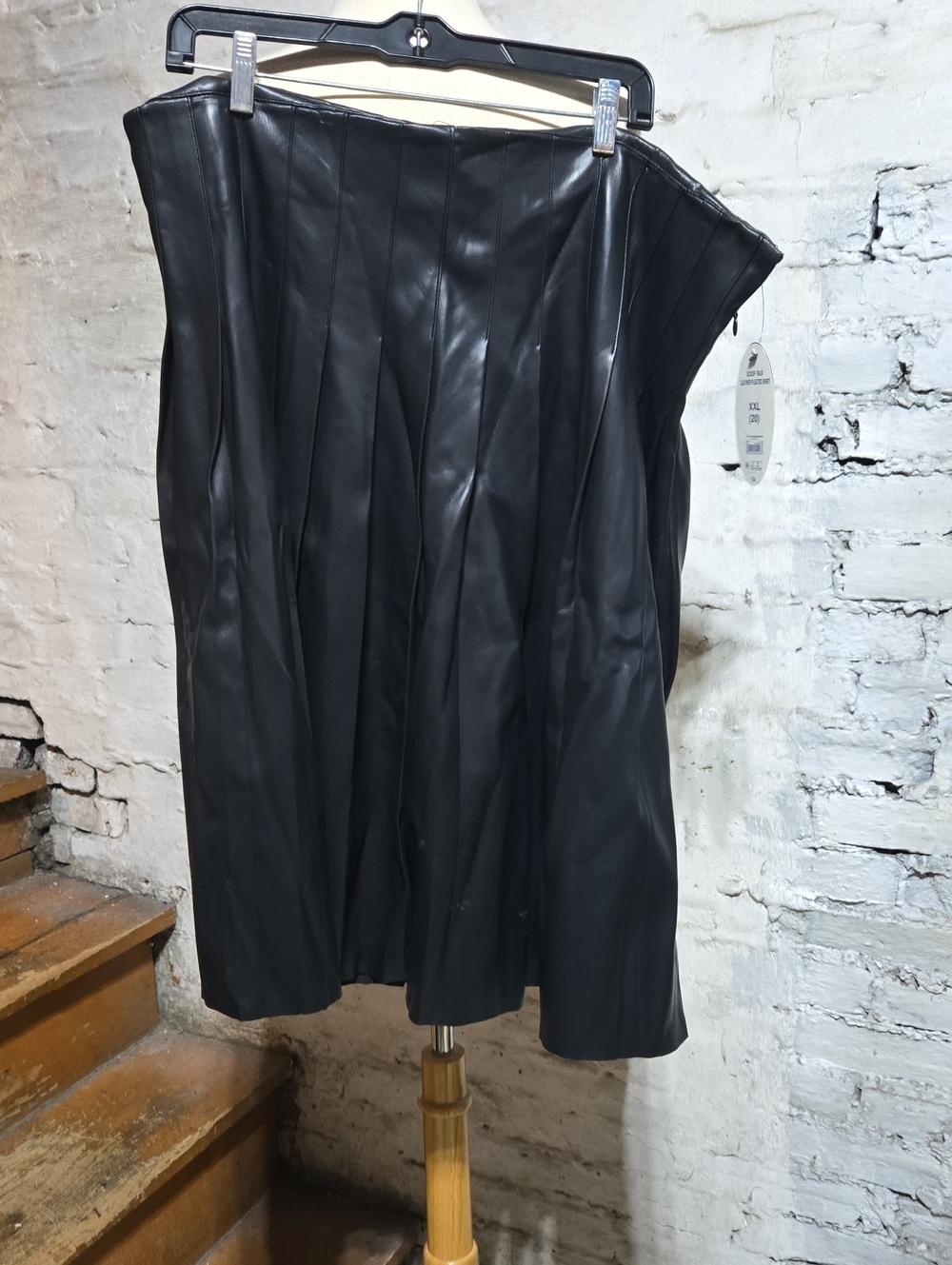 Black Faux Leather SCOOP Pleated Women’s  MIDI Skirt.